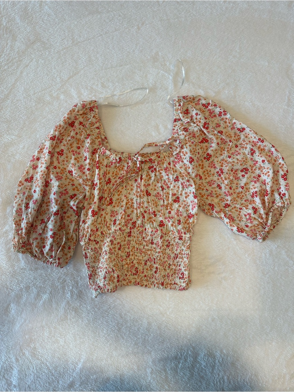 Smocked Floral Puff Sleeve Blouse in Cream and Pink